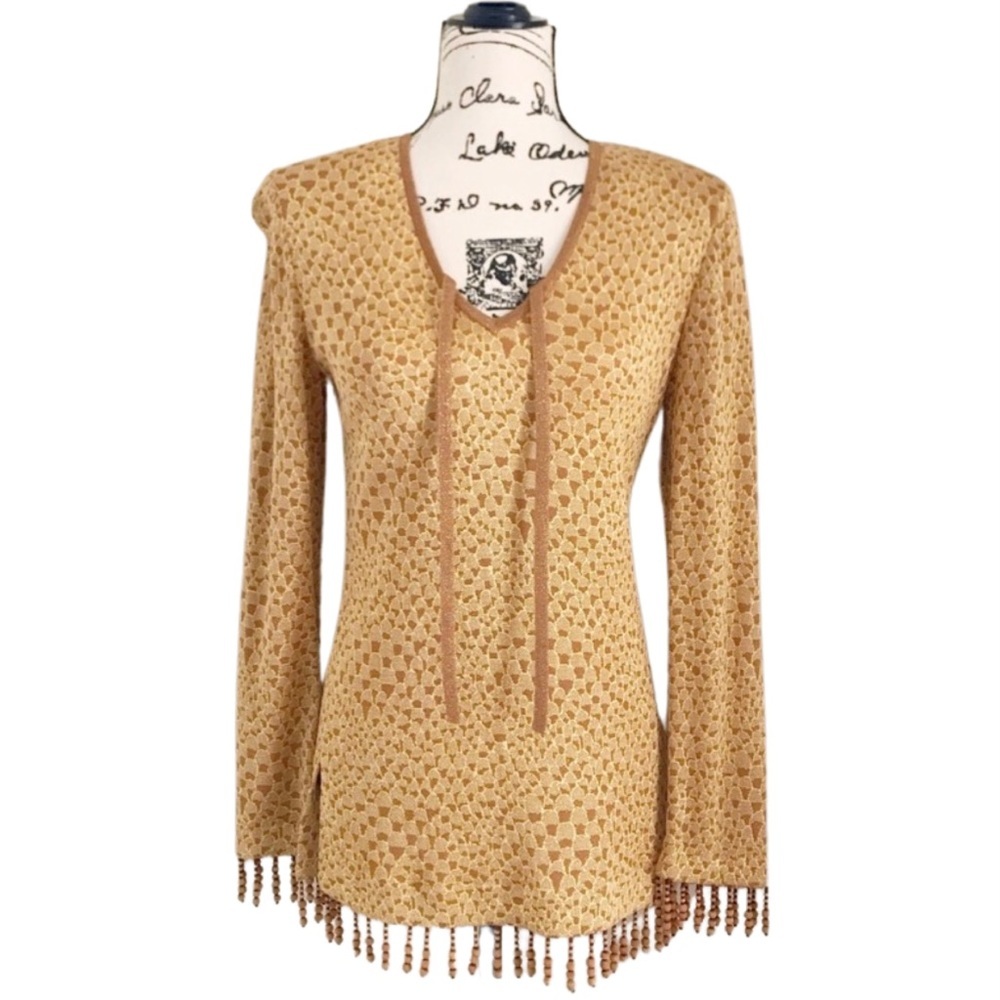 St. John Couture Gold Metallic V Neck Tunic With Wood Bead Fringe
